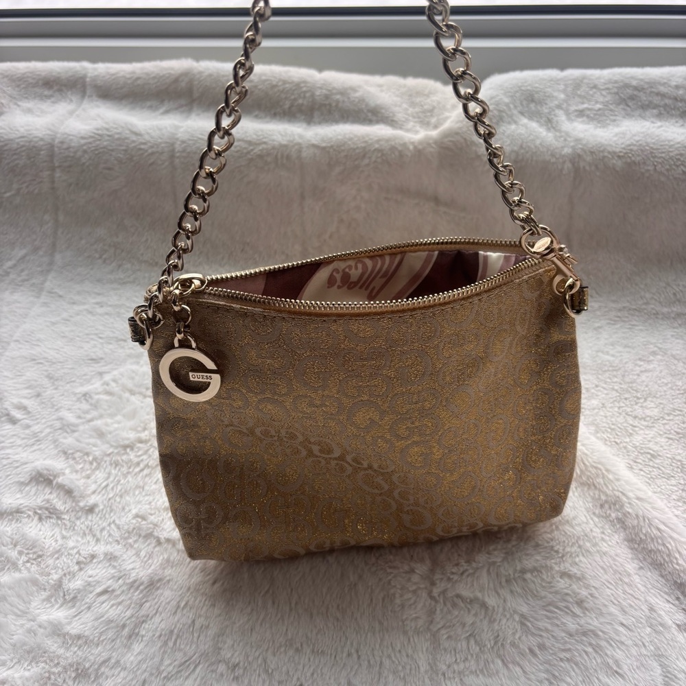 GUESS Gold Monogram Mini Shoulder Bag Y2K Metallic Pochette Chain Strap